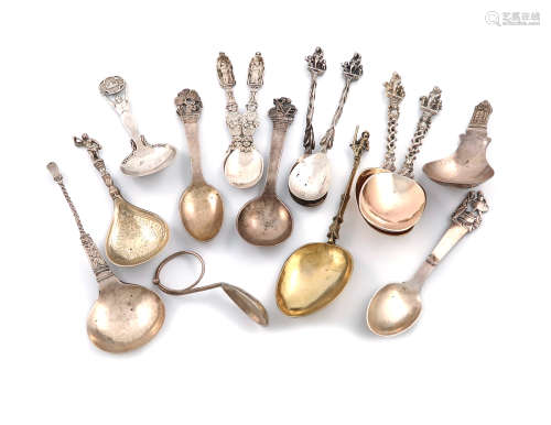 A collection of foreign silver and metalware spoons, comprising: a 19th century Dutch silver-gilt