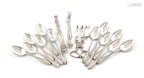 A set of twelve Edwardian silver Ribbon, Reed and Bead pattern teaspoons and tongs, by T.