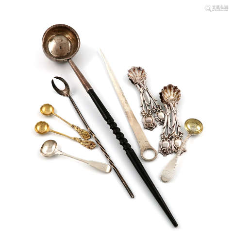 λA mixed lot of flatware, comprising silver items: a Scottish meat skewer, by J. McKay, Edinburgh