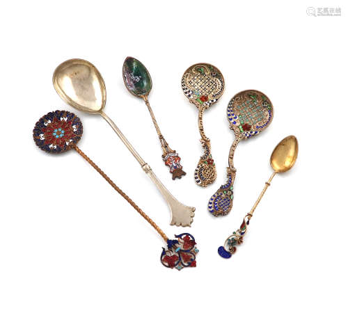 A mixed lot of silver spoons, comprising: a pair of Norwegian silver-gilt and enamel spoons, by