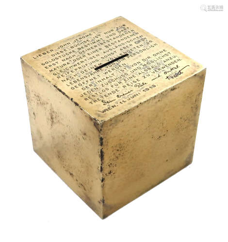 An Austrian silver-gilt money box, by J. C. Klinkosch, Vienna circa 1913, cube form, spot-hammered