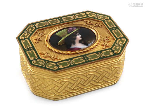 A French gilt-metal and Limoges enamel box, rectangular form, the hinged cover set with an enamelled