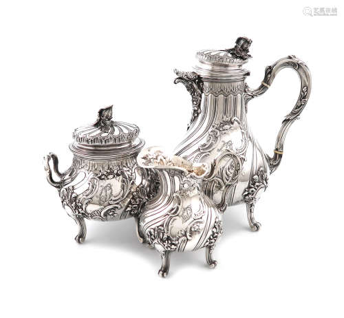 λA matched three-piece French silver hot chocolate set, the coffee pot with maker's mark of LD in