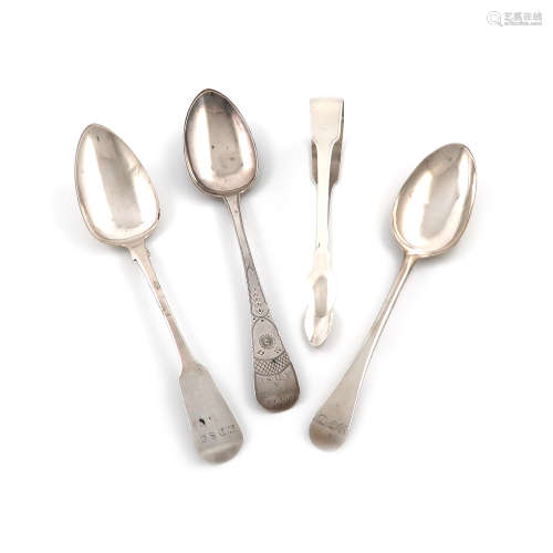 A small collection of Channel Islands silver flatware, comprising: a pair of sugar tongs by