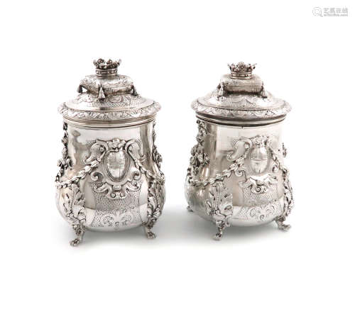 A pair of 19th century French silver canisters / toilet jars and covers, Paris, post 1838 mark,