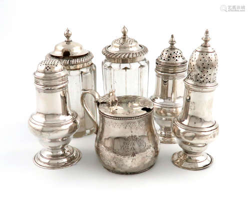 A mixed lot of silver cruets, various dates and makers, comprising: a Victorian mustard pot, by