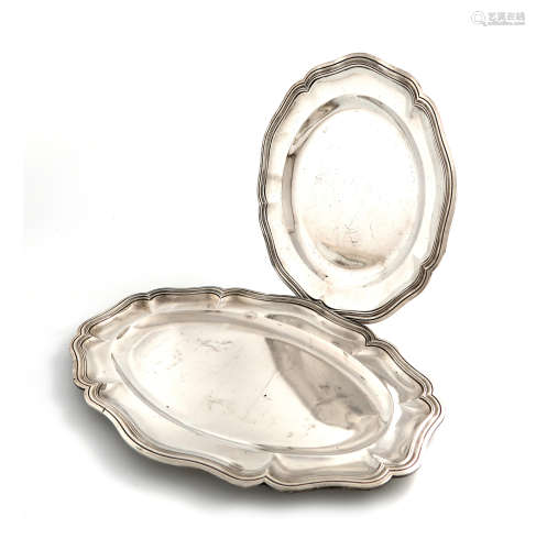 A French silver platter, circular form, moulded border, diameter 33cm, plus another silver meat