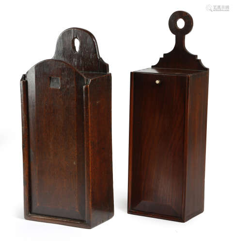 TWO HANGING CANDLE BOXES LATE 18TH / EARLY 19TH CENTURY one in oak, one in cherrywood, both with