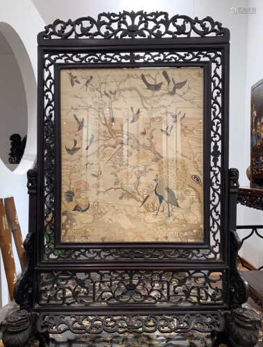 A FLOWER AND BIRD YUE EMBROIDERY SCREEN