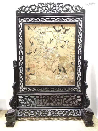 A BIRDS YUE EMBROIDERY SCREEN WITH RED WOOD CARVED LIONS BASE