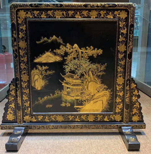 A NAN WOOD AND LACQUER SCREEN OUTLINE IN GOLD