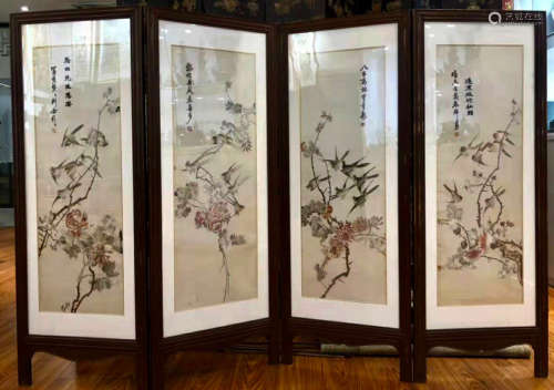 A FLOWER AND BIRD YUE EMBROIDERY SCREEN SET OF FOUR