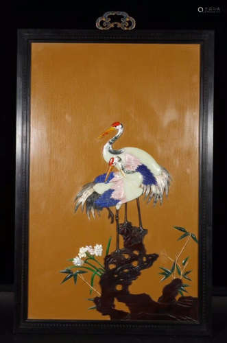 A ZITAN WOOD AND LACQUER YELLOW SCREEN WITH CRANE
