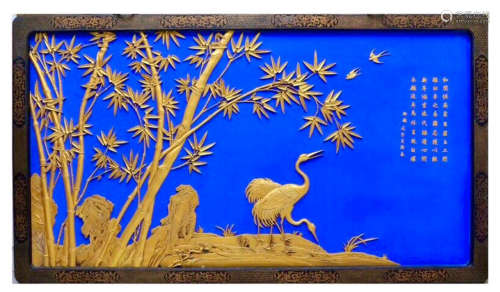 A LACQUER SCREEN WITH CRANE AND BAMBOO OUTLINE IN GOLD