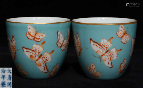 PAIR OF BLUE GLAZE CUP WITH BUTTERFLY PATTERN