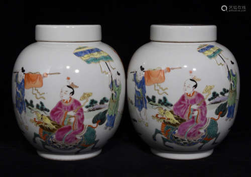 PAIR OF FAMILLE ROSE GLAZE JAR WITH STORY PATTERN