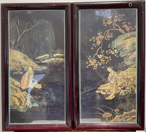 PAIR OF KUANCAI LACQUER SCREEN CARVED WITH FIGURE