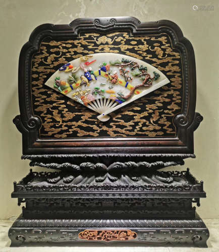 A ZITAN WOOD WITH LACQUER GEM DECORATED SCREEN OUTLINE IN GOLD