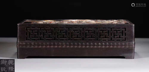 A ZITAN WOOD GEM DECORATED BOX CARVED WITH FLOWER AND BIRD