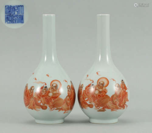 PAIR OF ALUM RED GLAZE VASE WITH ARHAT PATTERN