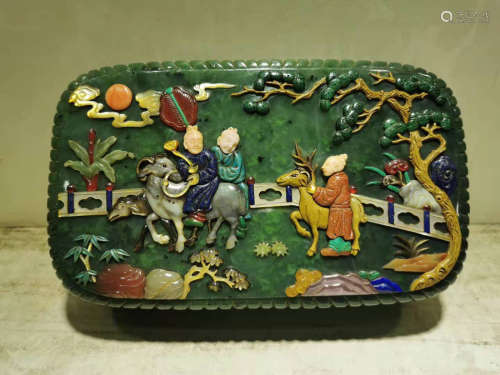 A HETIAN GREEN JADE GEM DECORATED BOX CARVED WITH AUSPICIOUS PATTERN