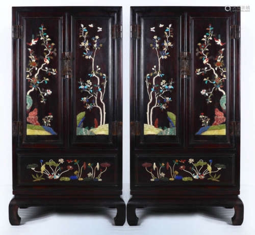 PAIR OF ZITAN WOOD CABINET EMBEDDED WITH GEM