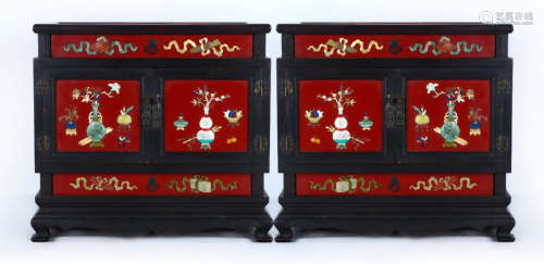 PAIR OF ZITAN WOOD CABINET EMBEDDED WITH GEM