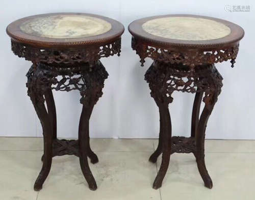 PAIR OF SUANZHI WOOD WITH STONE CARVED STAND