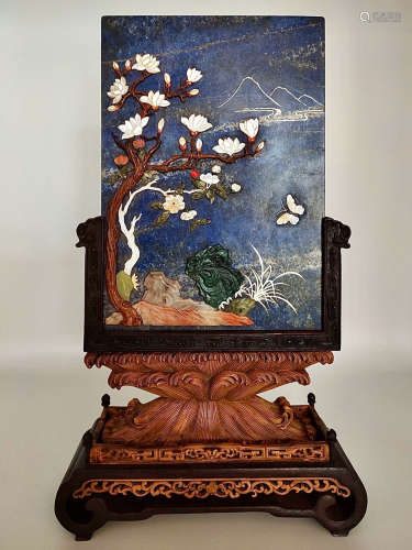 A LAZULI GEM DECORATED SCREEN CARVED WITH ORCHID
