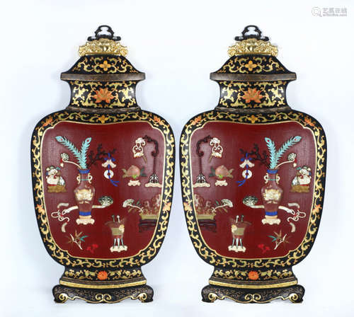 PAIR OF ZITAN WOOD SCREEN EMBEDDED WITH GEM OUTLINE IN GOLD