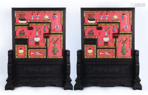 PAIR OF ZITAN WOOD SCREEN EMBEDDED WITH GEM