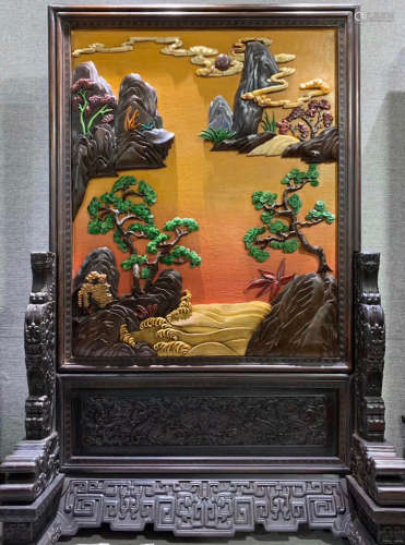 A ZITAN WOOD GEM DECORATED SCREEN CARVED WITH MOUNTAIN