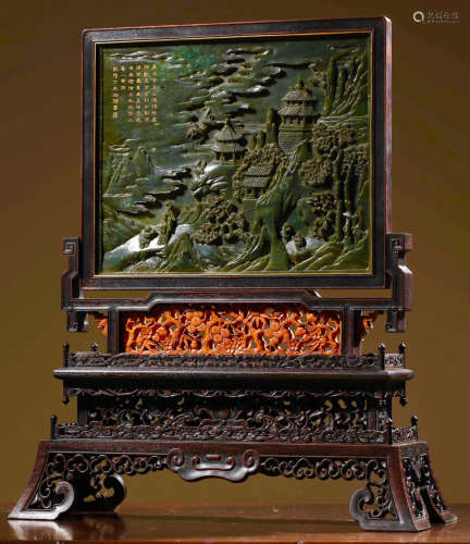 A ZITAN WOOD WITH GREEN JADE SCREEN CARVED WITH DRAGON AND MOUNTAIN