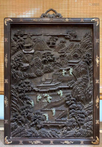 A ZITAN WOOD AND WENGE WOOD SCREEN CARVED WITH FIGURES