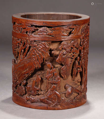 A BAMBOO BRUSH POT CARVED WITH STORY PATTERN