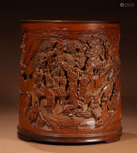 A BAMBOO BRUSH POT CARVED WITH STORY PATTERN