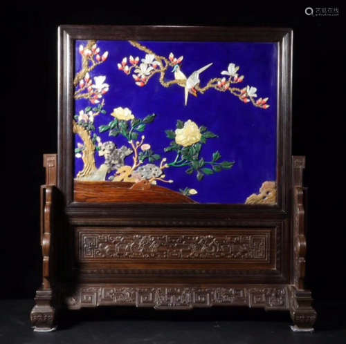 A ZITAN WOOD SCREEN CARVED WITH FLOWER AND BIRD