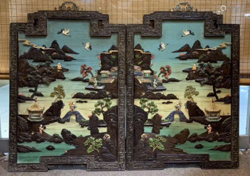 A ZITAN WOOD GEM DECORATED SCREEN CARVED WITH MOUNTAIN AND FIGURE
