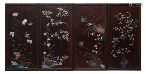 A ZITAN WOOD GEM DECORATED SCREEN WITH PLUM ORCHID CHRYSANTHEMUN AND BAMBOO
