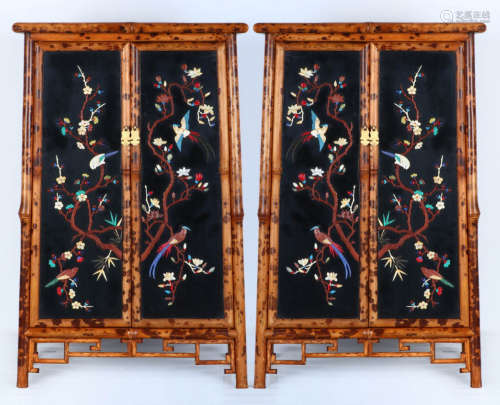 PAIR OF BAMBOO CABINET EMBEDDED WITH GEM