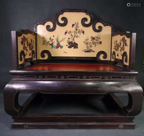 A OLD ZITAN WOOD WITH LACQUER GEM DECORATED CHAIR CARVED