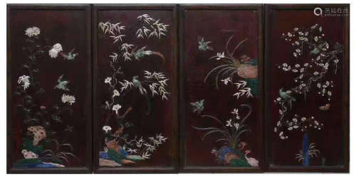 A TAN WOOD SCREEN CARVED WITH PLUM ORCHID CHRYSANTHEMUN AND BAMBOO