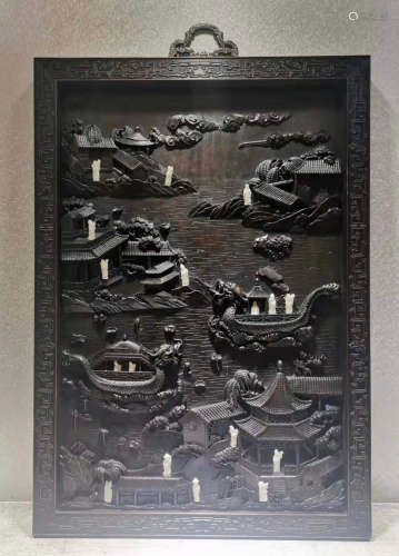 A ZITAN WOOD SCREEN CARVED WITH WHITE JADE DRAGON BOAT