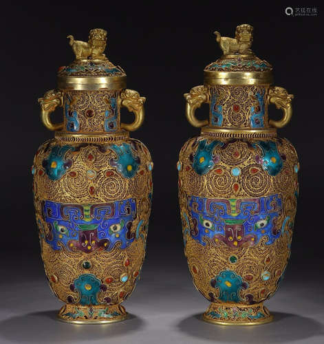 PAIR OF GILT SILVER VASE WITH FILIGREE