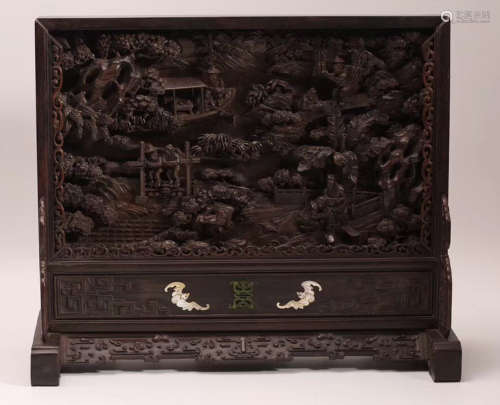A WOOD SCREEN CARVED WITH MOUNTAIN AND FIGURE