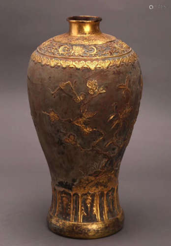 A GILT BRONZE MEIPING VASE CARVED WITH FLOWER AND BIRD