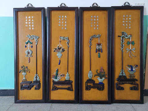 A WOOD CARVED SET OF FOUR SCREEN