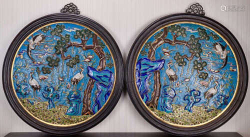 PAIR OF RED WOOD WITH CLOISONNE SCREEN CARVED WITH PINE AND CRANE