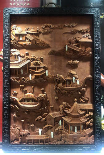 A GOLD NAN WOOD AND ZITAN WOOD SCREEN CARVED WITH DRAGON BOAT