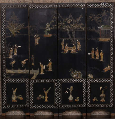 A LACQUER SCREEN CARVED WITH FIGURE